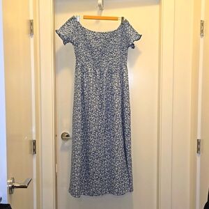 Blue floral smocked off the shoulder dress